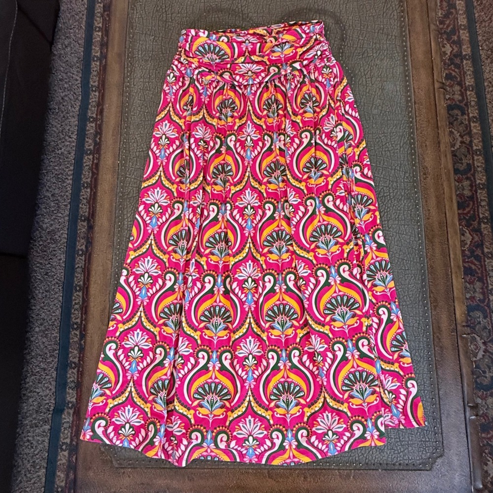 Boden Pink Damask Paisley Jersey Maxi Skirt US 4R Fold Over Waist - Like New